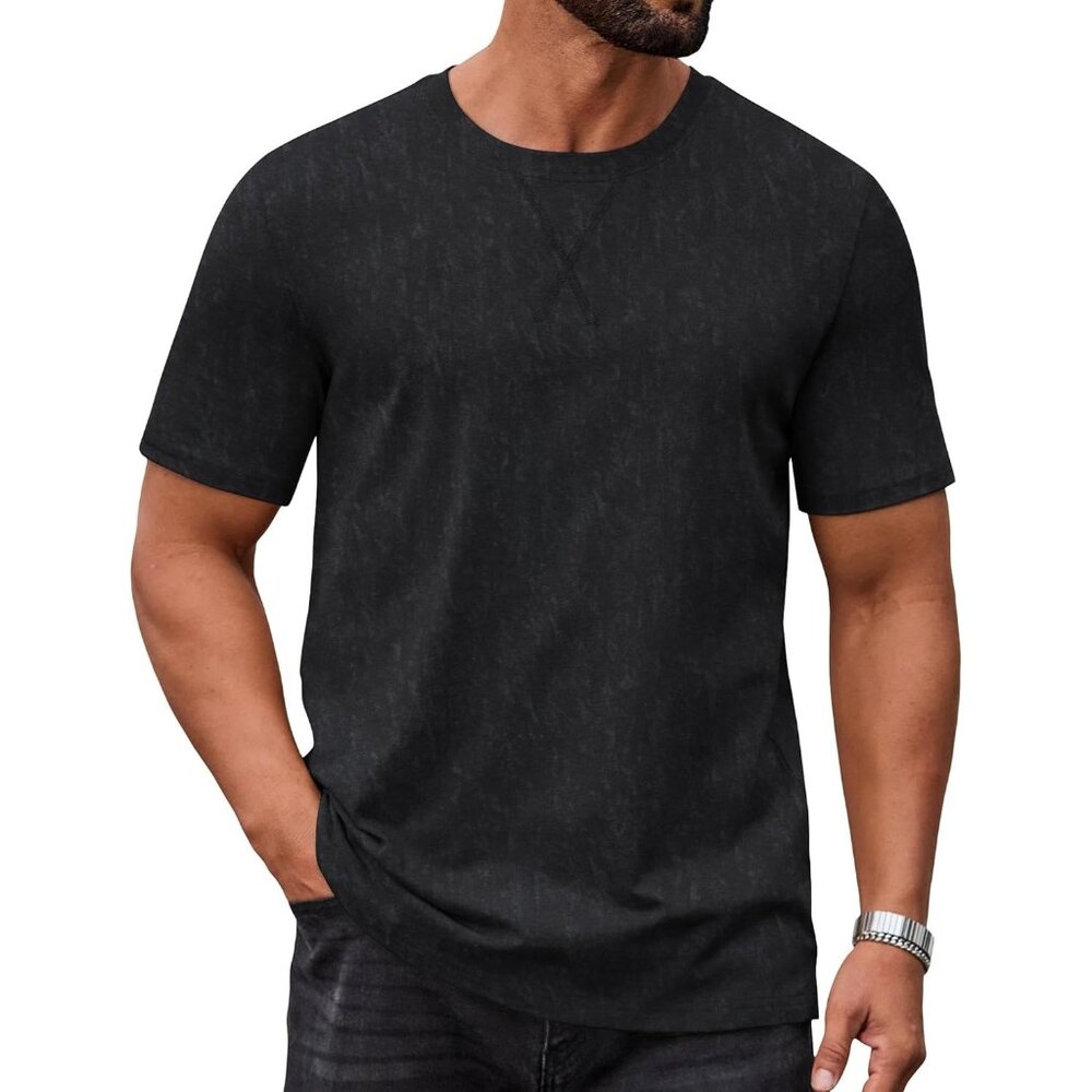 Men's T-Shirt Black Cotton Pullover Casual Crew Neck Short Sleeves